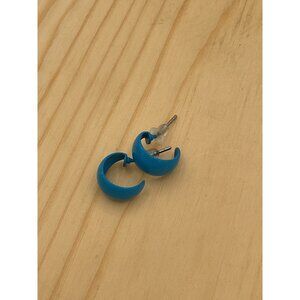 Vtg 80s Blue Matte Chunky Hoop Earrings Retro Mod C-Shape Studs